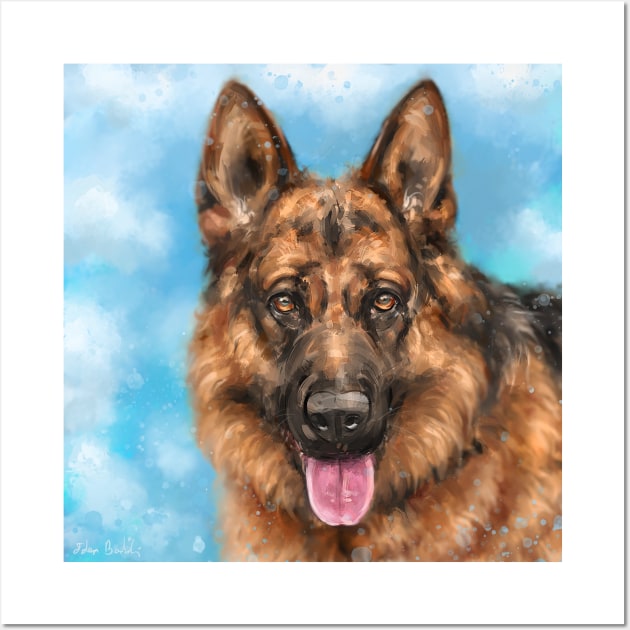 A Gorgeous German Shepherd Painting with his Tongue Out Blue Cloudy Background Wall Art by ibadishi